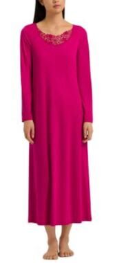 HANRO Michelle Cotton Lace Trim Nightgown Fuchsia Long Sleeve Size Small